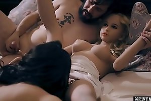 Threesome sex with a teen and a silicone doll